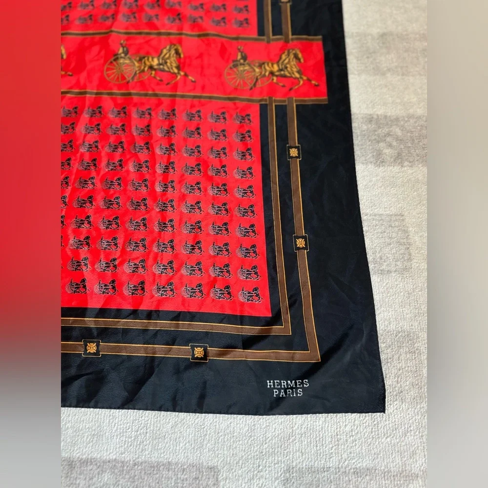 Vintage Hermes Paris Silk Horse and Carriage Scarf Red and Black